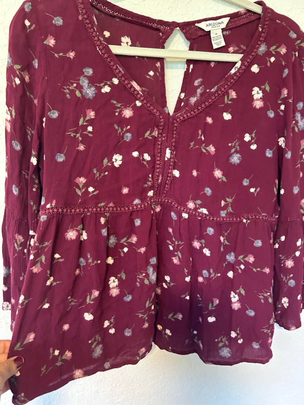 Boho Dark Floral Soft Floral Peasant Blouse - Burgundy Size M - Picture 3 of 5